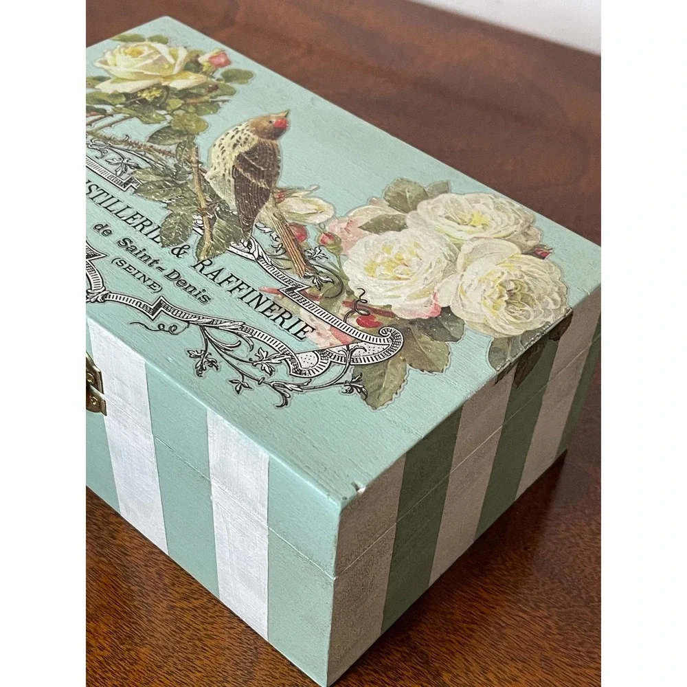 Hand painted decorative wood box storage cottagecore granny chic farmhouse bird